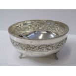 SILVER PRESENTATION BOWL, circular silver presentation bowl on 3 raised feet with floral border in