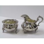 SILVER CREAM JUG & SUGAR, on 3 cabriole legs, stamped "WB" 925, 144 grams