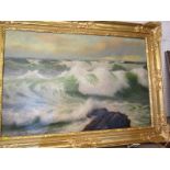 DOUGLAS PINDER (1886-1949), signed oil on canvas "Cornwall Atlantic Ocean Rollers", 60cm x 90cm