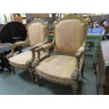 A PAIR OF LOUIS XV1 DESIGN OPEN ARM CHAIRS, A quality pair of gilded foliate framed open arm