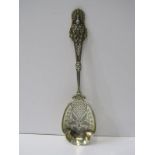 ARTS & CRAFTS SILVER, silver engraved serving spoon with peacock finial, makers FE Birmingham