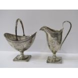 EDWARDIAN JERSEY INTEREST SILVER MILK JUG & SWING HANDLED SUGAR, in Georgian taste each with foliate