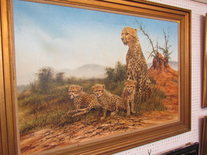 IAN NATHAN, signed painting on canvas "Family group of Cheetahs", 60cm x 90cm