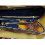 VIOLIN, antique inlaid walnut cased violin & bow, 36cm body length