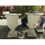 GARDEN PLANTERS, pair of painted cast stone urn shape garden planters on square bases, 60cm height