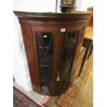 INLAID CORNER HANGING CABINET, attractive inlaid mahogany bow fronted twin door cabinet with