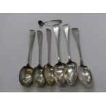 GEORGIAN JERSEY SILVER SERVING SPOONS, 6 spoons, 5 marked "JQ" for Jacques Quesnel, work from 1780-