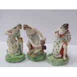 EARLY STAFFORDSHIRE POTTERY, a group of 3 floral encrusted figures of maidens, 1 dancing with