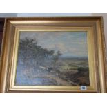 19th CENTURY ENGLISH SCHOOL, indistinctly signed oil on canvas "The Herdsman on Hillside Track",
