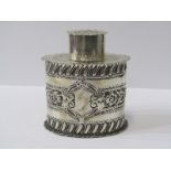 SILVER TEA CADDY, lidded silver tea caddy of oval form with engraved foliate banded decoration in