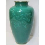 CLOISONNE, a Japanese cloisonné turquoise ground 18cm vase, decorated with stylized floral banding &