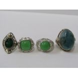 SILVER RINGS, selection of 4 silver rings including jade and other green stone