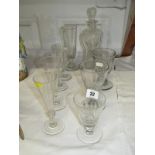 ANTIQUE GLASSWARE, 3 late Georgian bucket bowl rummers, Antique pinched body decanter etched with