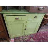 PAINTED PINE CUPBOARD, green painted twin drawer cabinet on cupboard base, 111 width