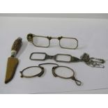 PINCE NEZ GLASSES, 2 pair of folding glasses and a sheathed paper knife