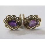 GOLD & AMETHYST EARRINGS, filigree design, clip-on style, yellow metal tests as gold