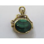 LARGE 9ct GOLD HALLMARKED TIGERS EYE & MALACHITE SPINNER FOB, approx 10.9 grams