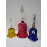 ANTIQUE GLASSWARE, cranberry glass table bell with opaque glass rim and 2 others