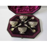VICTORIAN SILVER CRUET SET, 4 bowl floral decorated silver salt set with 3 of 4 matching spoons,