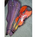 VIOLIN, vintage violin with 2 bows in early travelling case, 36cm body length