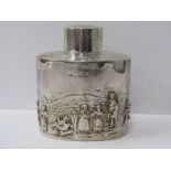 SILVER TEA CADDY, oval bodied silver tea caddy, decorated with continous scene of village life in