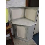CORNER WASH STAND, white marble topped painted corner wash stand on cupboard base, 83cm width