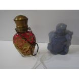 VICTORIAN CRANBERRY GLASS, perfume flask on chain, together with oriental carved hardstone snuff