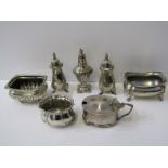 SILVER CRUETS, pair of silver pepperettes on 4 paw feet, Birmingham HM, together with a