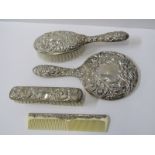 SILVER BACKED DRESSING TABLE SET, 4 piece set comprising hand mirror and 2 brushes and comb, maker