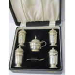 CASED SILVER CRUET, 6 piece silver cruet with silver mustard with blue glass liner and spoon, 2