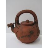 ORIENTAL CERAMICS, red pottery tea kettle with moulded dragon handle and spout, 21cm height with
