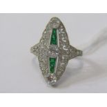 PLATINUM DECO DESIGN EMERALD & DIAMOND RING, 3 principal old cut diamonds totalling approx 0.68ct,