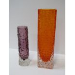 WHITEFRIARS, tangerine glass 20cm square base vase and similar aubergine 15cm spill vase