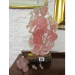 ORIENTAL CARVING, rose quartz figure group of Deity and Child on carved hardwood stand (several