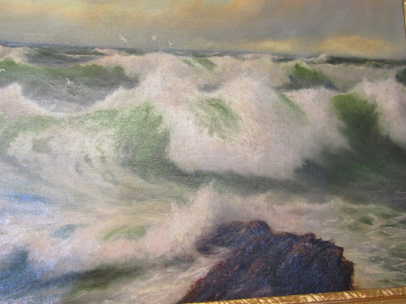 DOUGLAS PINDER (1886-1949), signed oil on canvas "Cornwall Atlantic Ocean Rollers", 60cm x 90cm - Image 2 of 3