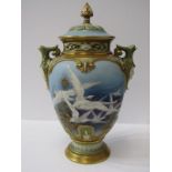 ROYAL WORCESTER SWAN VASE, a fine lidded pedestal vase decorated with Flying Swans in the style of