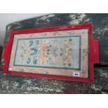 ORIENTAL EMBROIDERY, antique coloured silk Chinese embroidered panel, framed as twin handled lacquer