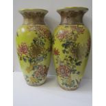 ORIENTAL CERAMICS, pair of large Satsuma yellow ground oviform vases, decorated with birds within