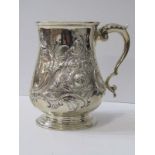 VICTORIAN SILVER TANKARD, of baluster form with foliate decoration in relief, engraved "Presented by