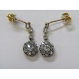 VINTAGE 18ct GOLD DIAMOND DROP EARRINGS, principal old cut diamond surrounded by 8 further old cut