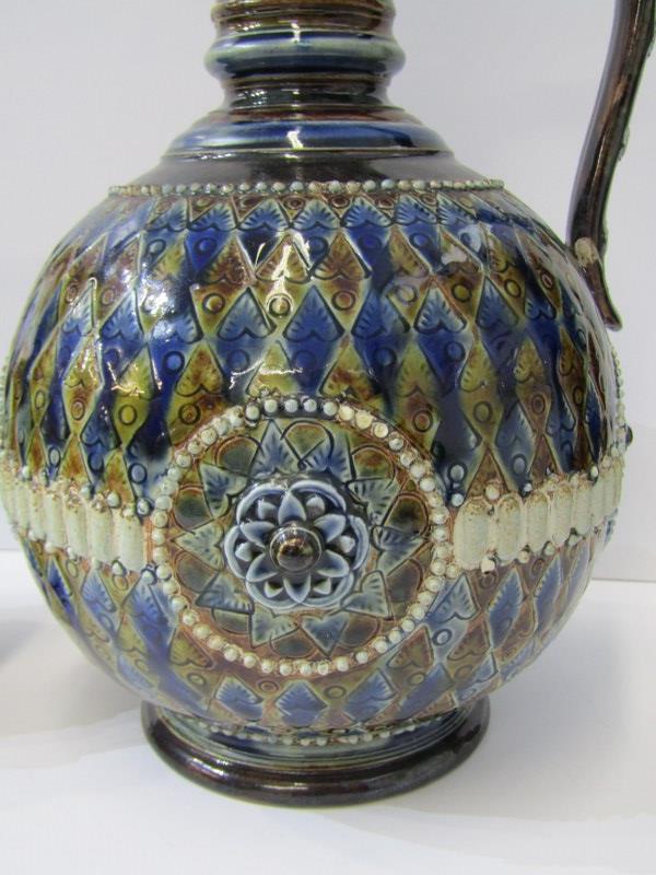 DOULTON STONEWARE, jug with florette applied decoration, 18cm, also larger 26cm jug (restored) - Image 2 of 8