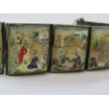 UNUSUAL SILVER BRACELET, depicting Eastern scenes and white metal (tests silver) albertine chain