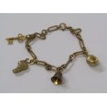 9ct GOLD CHARM BRACELET, charms including bell, boot, 21 key and snail shell, approx 7.9 grams