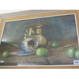 STILL LIFE, unsigned watercolour "Willow Pattern china and Apple on Table", 34cm x 52cm