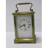 CARRIAGE CLOCK, brass cased bevelled glass carriage clock with key, 11cm height