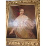 18th CENTURY ENGLISH SCHOOL, oil on canvas "Portrait of Young Lady in white silk dress and red