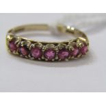 9ct YELLOW GOLD 7 STONE RUBY HALF ETERNITY STYLE RING, size O