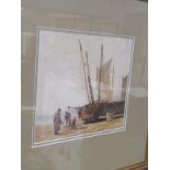 SAMUAL PROUT, signed watercolour "Fishermen and their Boats at low tide", 22cm x 25cm (with