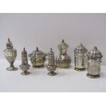 SILVER CRUETS, pair of silver pepperettes, makers JB Sheffield, silver pepper and salt by EV of