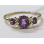 9ct YELLOW GOLD 3 STONE AMETHYST RING, size V/W